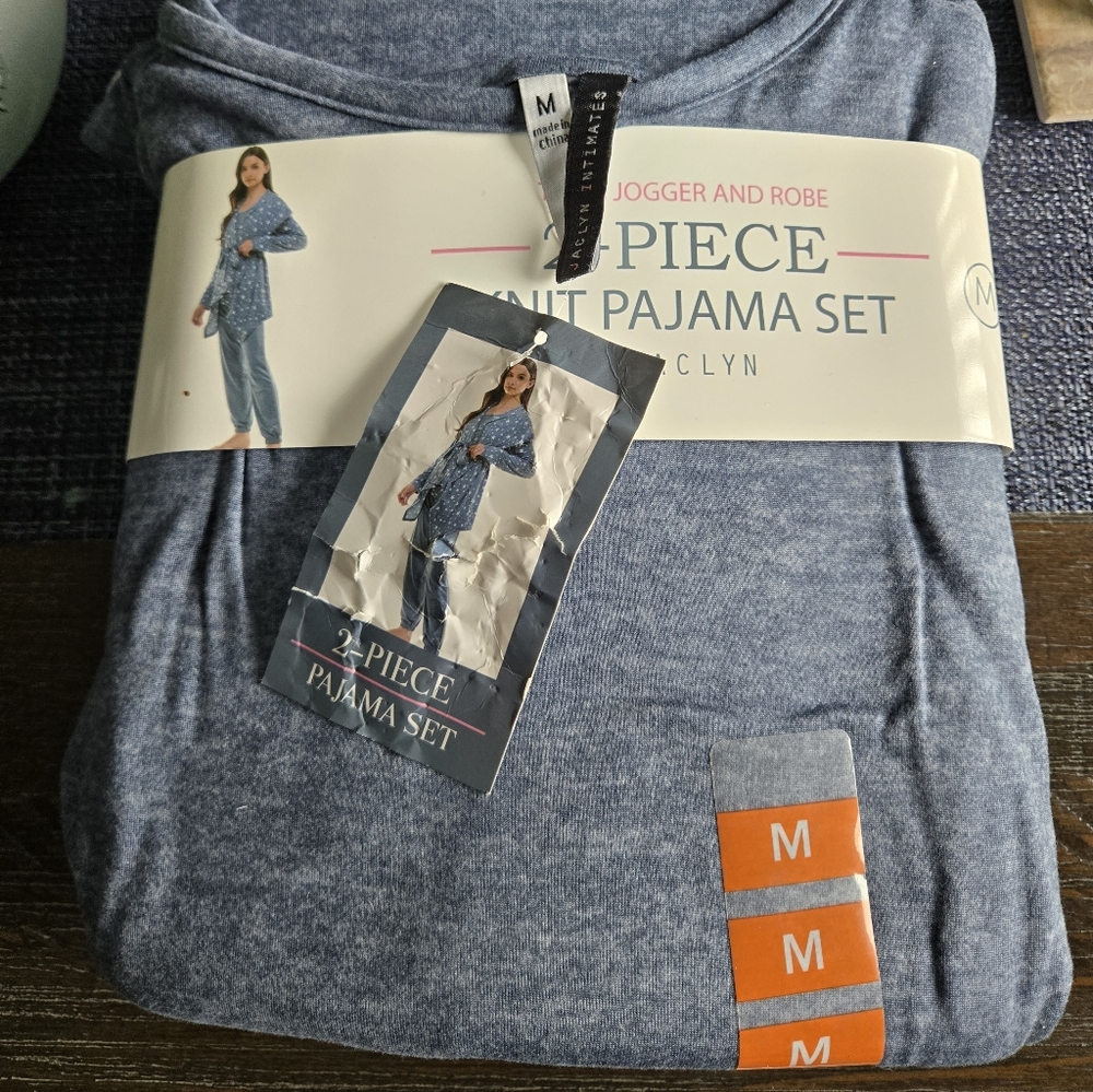 Jaclyn Intimates 3-Piece Knit Pajama Set Cardigan Tank Jogger Grey Stripe Size M